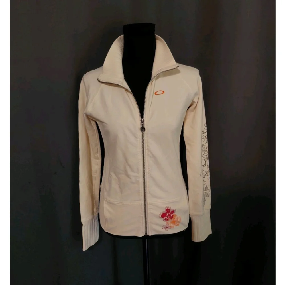 Oakley Woman’s Vintage Zip Up Size XS Cream Orange Tropical Floral Embroidery